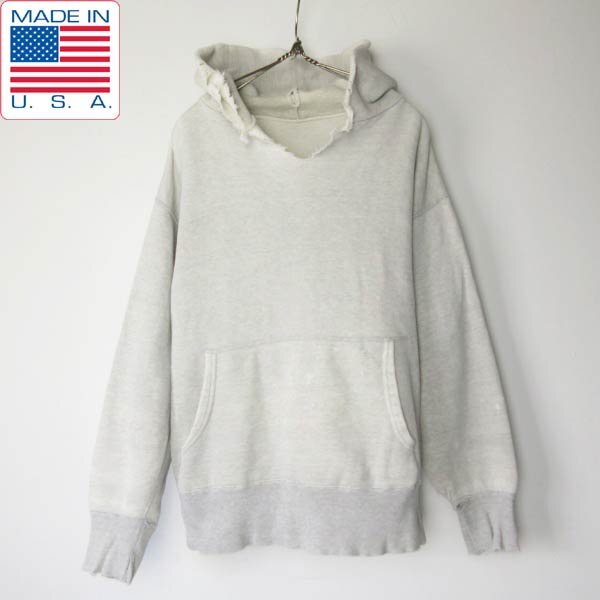 60s USA製 グレー系 ツートン 無地 ボロ スウェット パーカー M-L程度 フーディ ダメージ ブランク アメリカ製 ビンテージ PV-13-9239ZV拍卖