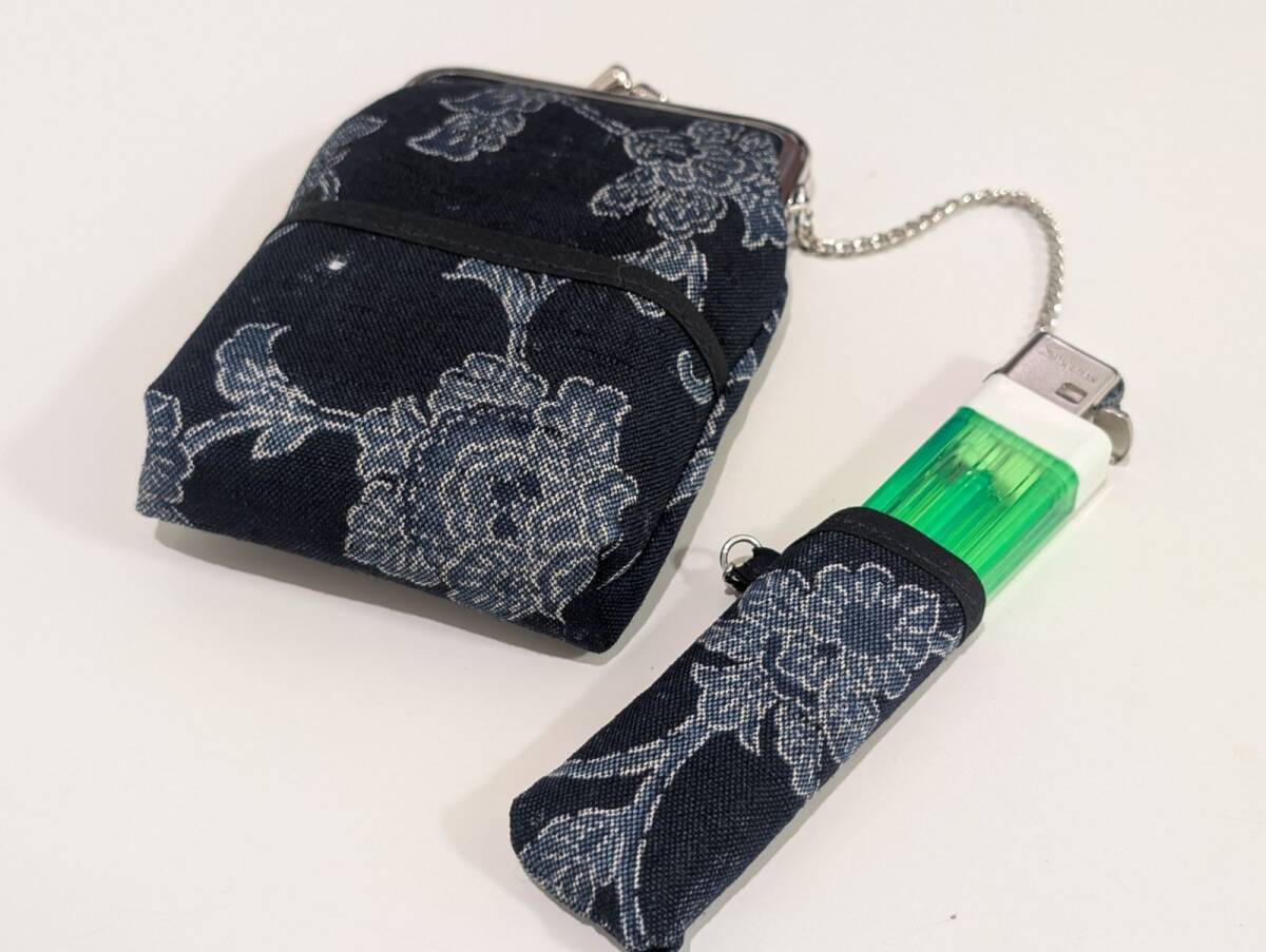 たばこ入れ ライター入れ シガーケース 藍色 がまぐち ★中古 ★ほつれよごれ ★現状保管品拍卖