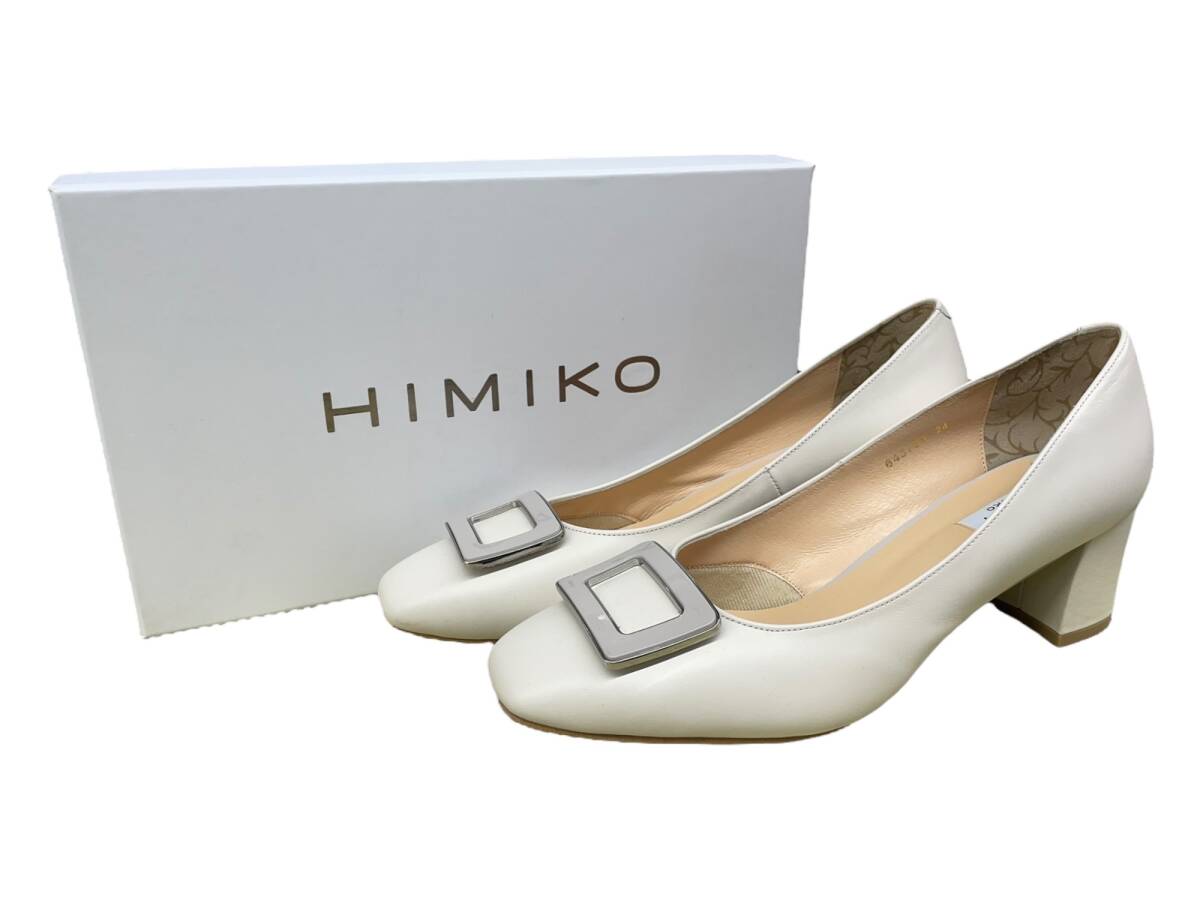 卑弥呼(ヒミコ) スクエアバックル チャンキーヒールパンプス 本皮/生地 643103 24 オフホワイト レディース/025拍卖