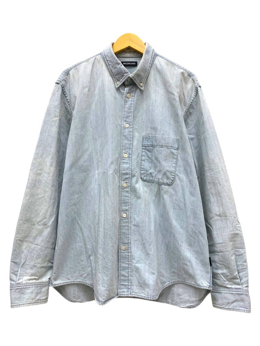 BALENCIAGA (バレンシアガ) デニム 長袖シャツ バックロゴ ボタンダウン ユーズド加工 509534 TYE24 39 ブルー メンズ/036拍卖