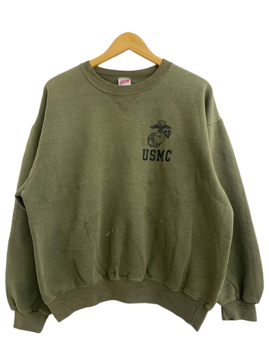 U.S.M.C. (ユーエスエムシー) ミリタリースエット USA製 SOFFEボディ 80S 90S プリント 古着 ビンテージ 前V L カーキ メンズ/004拍卖
