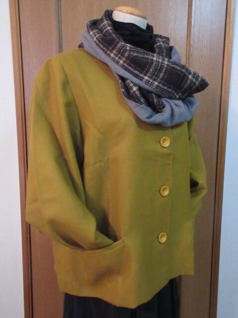 A`)■特注品/オートクチュール■【HANKYU DEPT 阪急デパート】■からし色■内側胸ポケット付き&ポケット付き/襟なしジャケット■ 拍卖