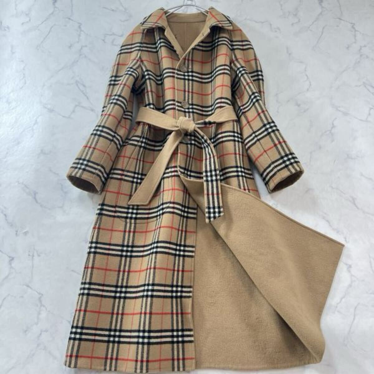 【L】バーバリー 着丈110!! ダブルフェイスリバーシブルコート ウール キャメルブラウン 全面ノバチェック BURBERRY レディース B1716拍卖