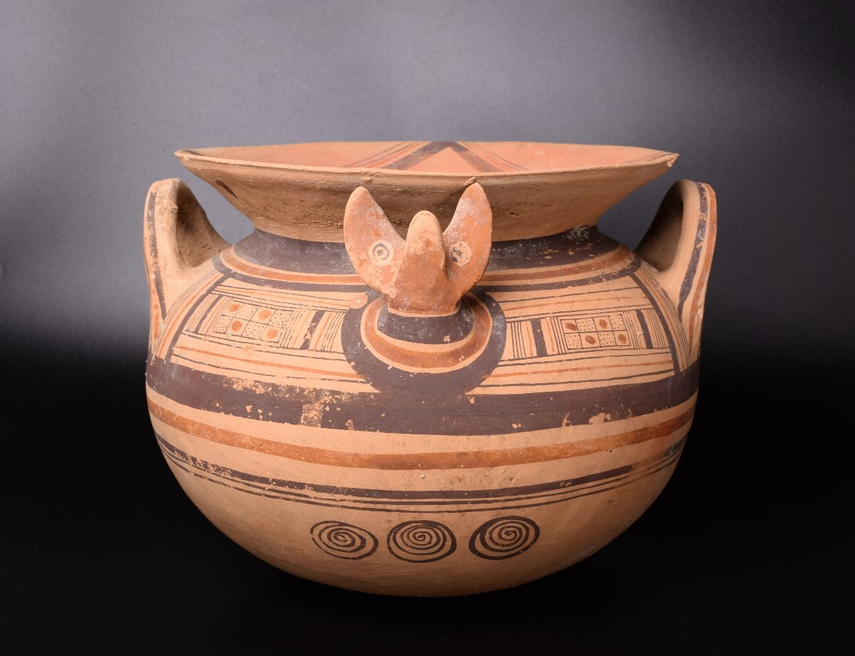 【紀元前|鳥装飾付 大型幾何文壺】南イタリア/キプロス系 古代土器|径27cm|精密文様|希少拍卖