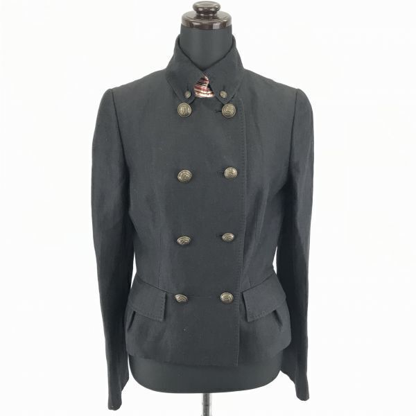 日本製★三陽商会/エポカ/EPOCA★麻/リネン/シルク使用ダブルジャケット【40/Women's size -M-L/黒】襟飾り/フラップポケット/◆BA948W拍卖
