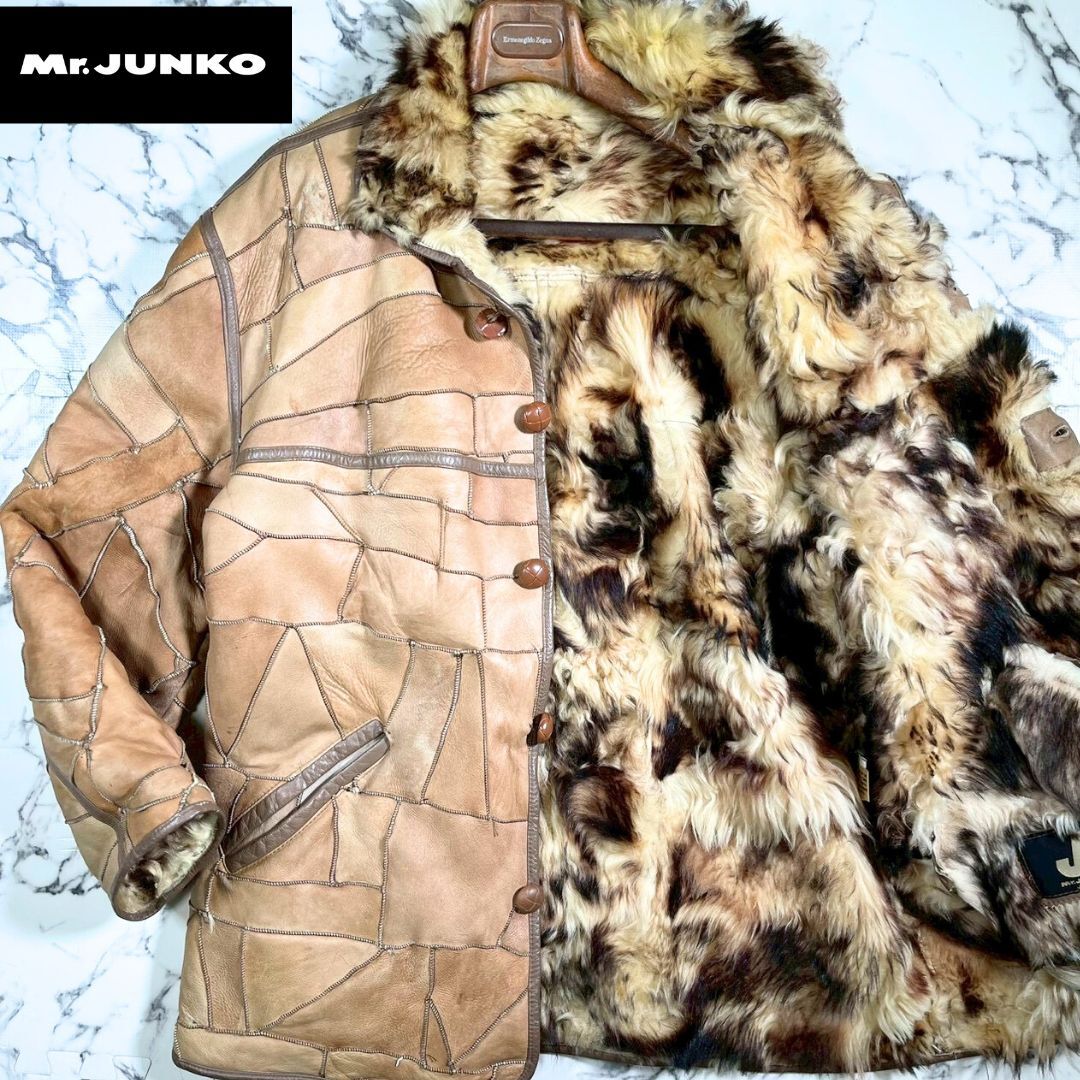 極美品/リアルムートン●Mr.JUNKO JEANS 羊革 コート パッチワーク ラムレザー シープスキン ドッキング ボア M ファー ジャケット 茶 秋冬拍卖