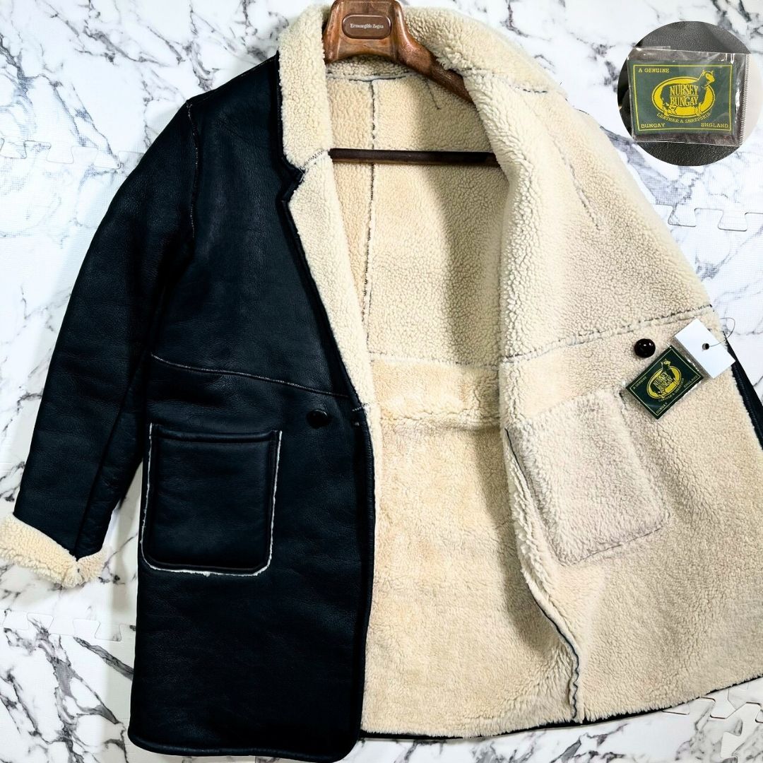 【新品未使用】リアルムートン●NURSEYS ナーシーズ ショールカラー ムートン チェスターコート シープスキン 黒 ブラック ラムレザー ML位拍卖