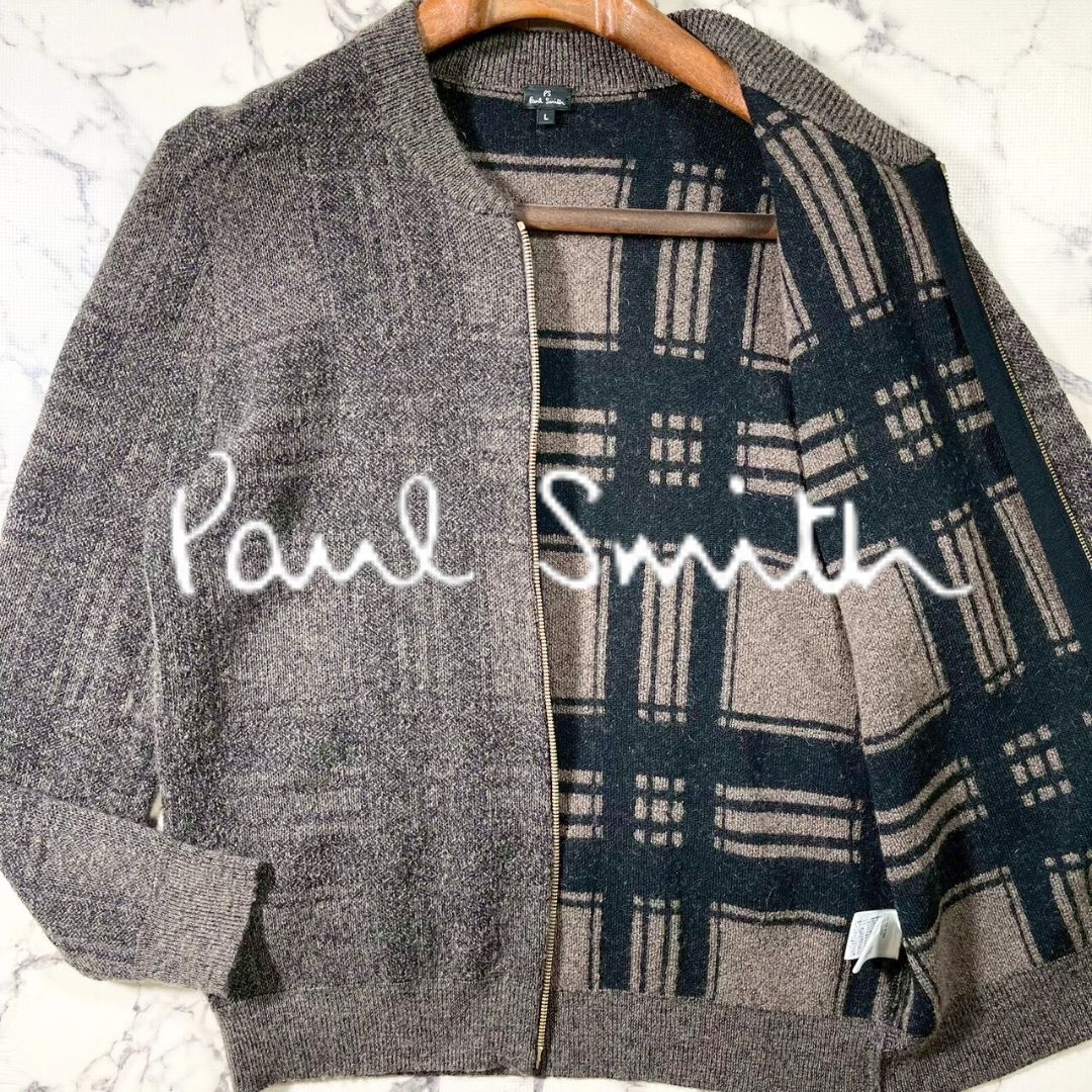 極美品/モヘア混(L)●Paul Smith チェック柄 ウール MA-1 ニット ブルゾン ジャケット 裏地 ブラウン 茶 羊毛 メンズ 秋冬 ポールスミス 拍卖