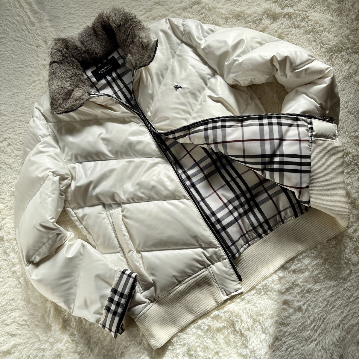 【希少L】極美品!! バーバリーブラックレーベル ライダース ダウンジャケット ホース刺繍 BURBERRY BLACK LABEL 2way ファー着脱 ホワイト拍卖
