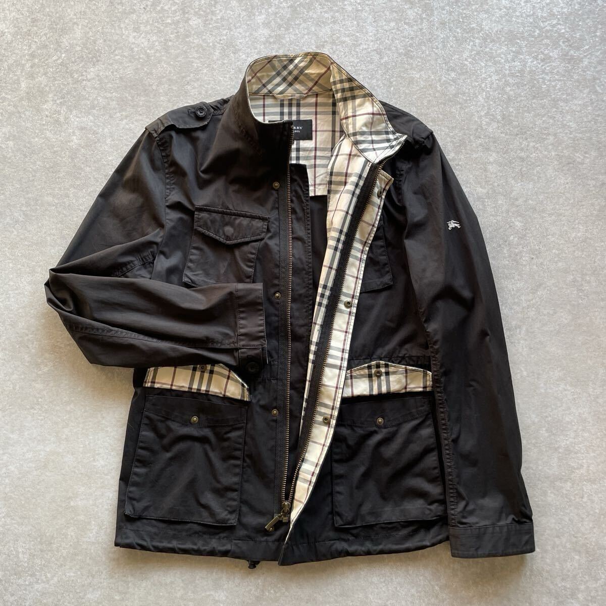 美品 BURBERRY BLACK LABEL バーバリー ブラックレーベル ミリタリージャケット Lサイズ ノバチェック ライナー付き ブラック メンズ拍卖