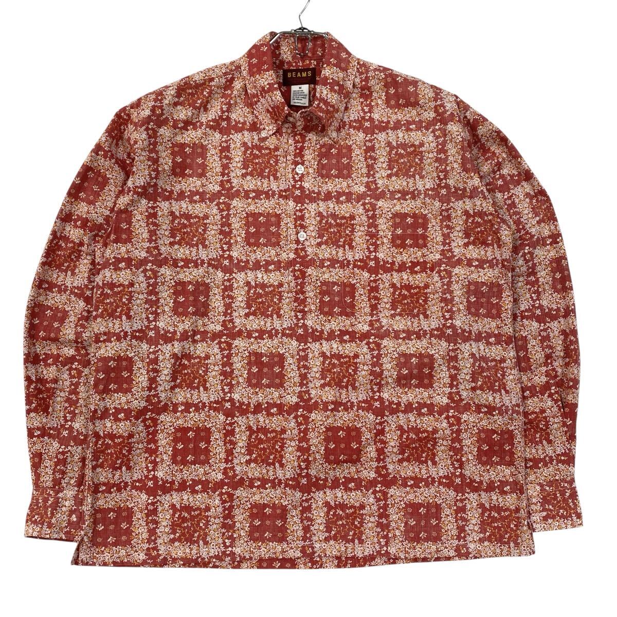 BEAMS(ビームス)長袖プルオーバーシャツ ハーフボタン 総柄 メンズM レッド系拍卖