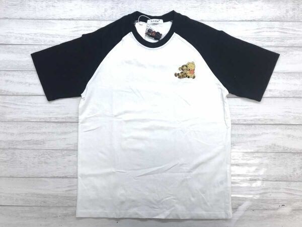 新品タグ付き A.D.Khal くまのプーさん ティガー Winnie the Pooh 刺繍 ラグランスリーブ 半袖Tシャツ レディース コットン100% 黒 白拍卖