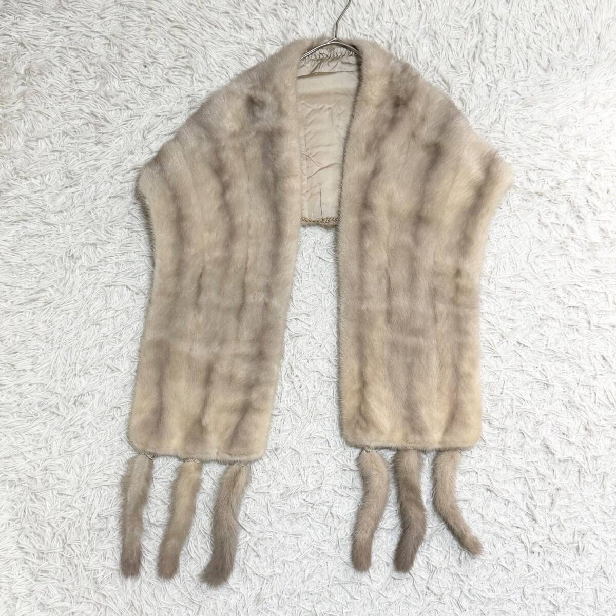 14710◎1000スタ/良品!!サファイアミンク 大判ストール ファー 襟巻き ティベット サファイヤミンク フリンジ グレー レディース拍卖