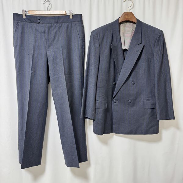 英國屋 オーダースーツ ダブルスーツ ネイビー ストライプ柄 ウール100% Lサイズ相当 銀座テーラー 日本製 昭和63年製 w拍卖