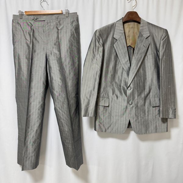 英國屋 オーダースーツ グレー ストライプ 光沢 シルク100% Lサイズ相当 日本製 1987年製 ヴィンテージ w拍卖