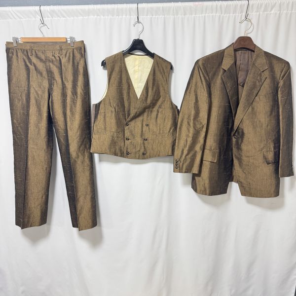 英國屋 オーダースリーピーススーツ ブラウン系 シルク100% ダブルベスト付き ジャケット+ベスト+パンツ 日本製 1981年製 23pv拍卖