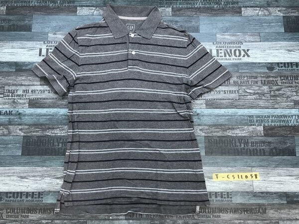 GAP ギャップ メンズ マルチボーダー 鹿の子 半袖ポロシャツ M 杢グレー紺水色拍卖