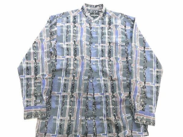 クラウディオヴァレンティノ CLAUDIO VALENTINO オールド イタリーモード アート 格子柄 総柄 バンドカラー 長袖シャツ メンズ M グレー系拍卖