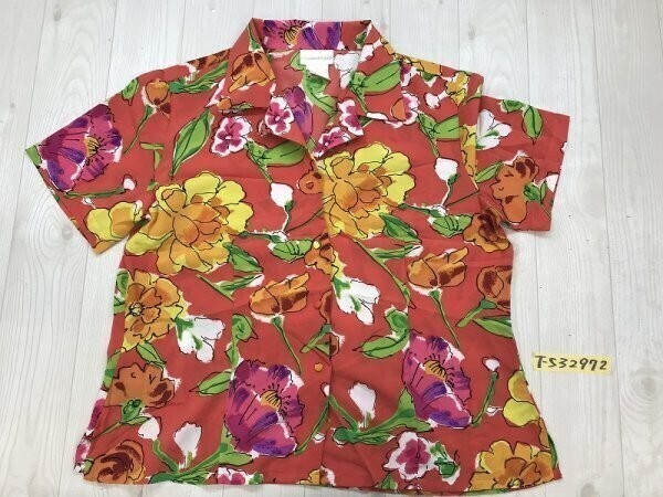 タグなし新品!CHRISTIE JILL レディース 手書き風 フラワープリント オープンカラーシャツ 14 赤他拍卖