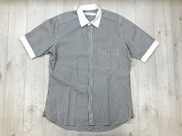 シップス ジェットブルー SHIPS JET BLUE ストリート モード ロンスト ストライプ クレリック トリム 半袖シャツ メンズ S 黒白拍卖