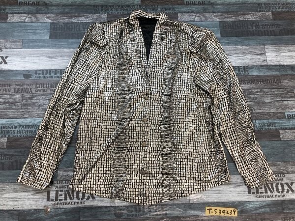 レディース 総柄 肩パッド入 Vネック ブラウス ゴールド黒拍卖