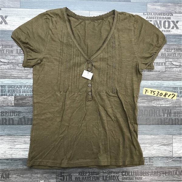 新品!min plume レディース ハーフボタン レース付き 半袖Tシャツ カーキ拍卖