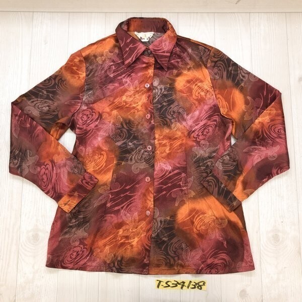 レディース ボタニカル 光沢 グラデーション 長袖シャツ オレンジピンク拍卖