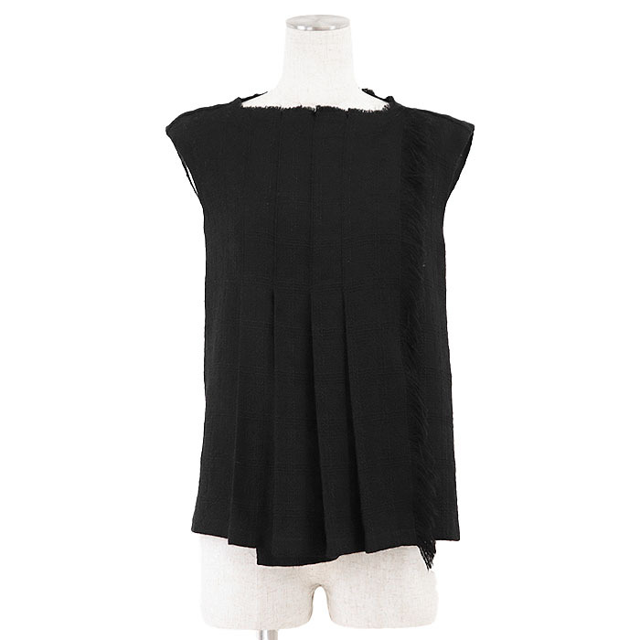 CHANEL シャネル ジレ P46324 ツイード ウール100% カットオフ フリンジ プリーツ ノースリーブ ベスト トップス レディース 36 黒 伊製拍卖