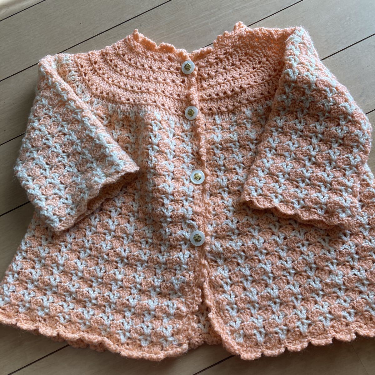 ★手編み★ベビー キッズ カーディガン ハンドメイド オレンジ ピンク系拍卖