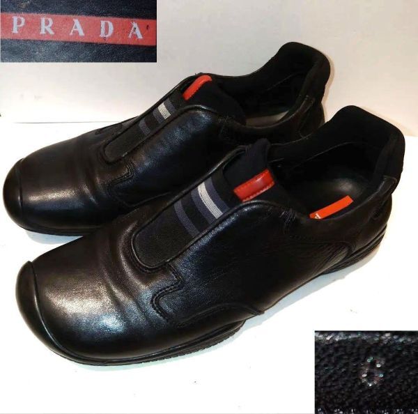 ★人気!美品★PRADA 黒 スリッポン レザースニーカー 6 約25cm プラダ★拍卖