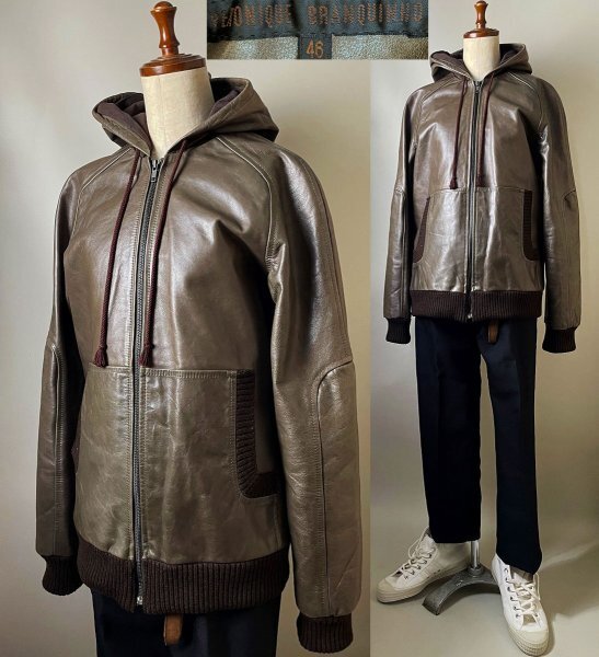 ★【定価260,000円程 名作 アーカイブ】VERONIQUE BRANQUINHO ヴェロニクブランキーノ レザー フーディ ブルゾン ジャケット パーカー 46拍卖