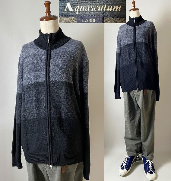 ★【上品 国内正規品】名作 Aquascutum アクアスキュータム レーヨン ナイロン ウール フルジップ ニット カーディガン L ブラック×グレー拍卖