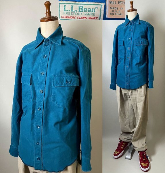 ★【希少 USA製 サイズ調整済み】90s 名作 LLBEAN LLビーン(L.L.) コットン100% CHAMOIS CLOTH SHIRT 無地 シャモアクロスシャツ S程度拍卖