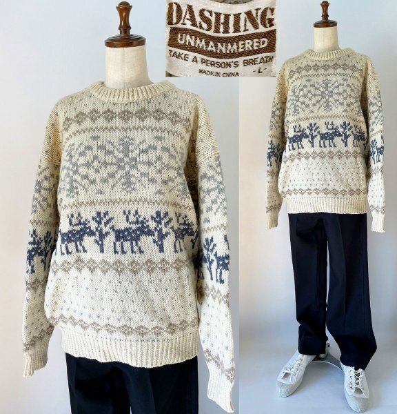 ★【希少 国内正規品】DASHING UNMANMERED PERSON'S ざっくり ミドルゲージ 雪 トナカイ柄 ニット セーター Lサイズ アイボリー系拍卖