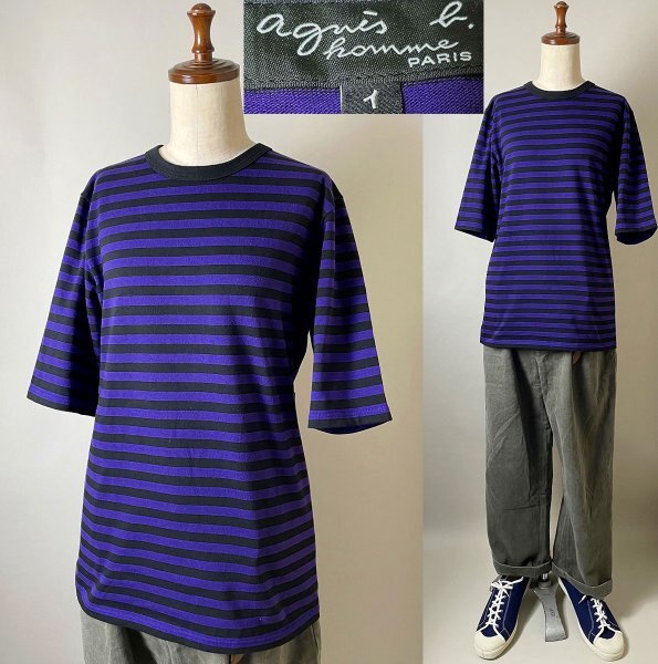 美品★国内正規品 名作 定価12,100円 日本製 agnes b.homme EBK1J008 (J008) アニエスベー オム 細ボーダー 五分袖 Tシャツ 1 パープル拍卖