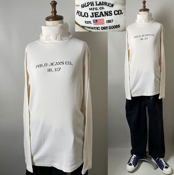 ★【90s~00s デザイン&素材&配色◎】POLO JEANS CO. ポロ ジーンズ コットン100% ステンシル 長袖 リブ タートル 長袖 Tシャツ M 生成り拍卖