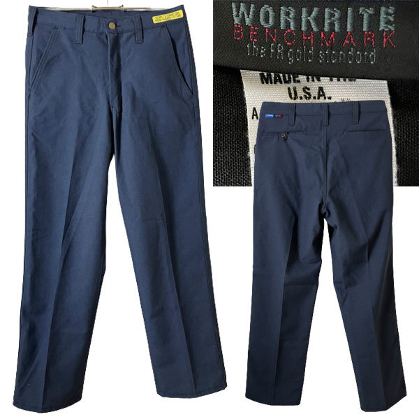 ★【希少 90ss位 USA製】ビンテージ 美品 WORKRITE ワークライト ノーメックス センタープレス テーパード ワーク パンツ W30 ネイビー系拍卖