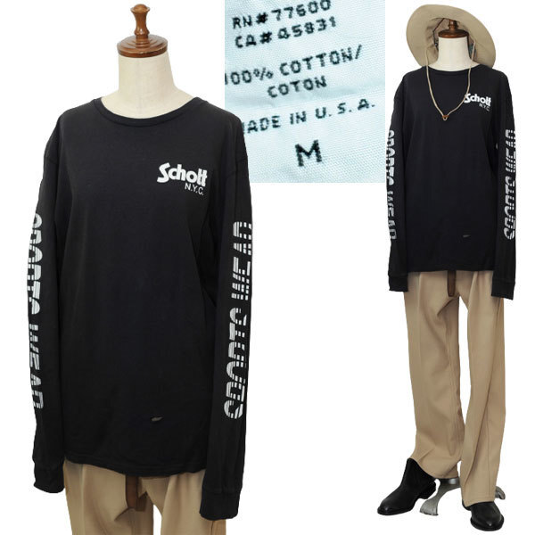 ★【ダメージ有 名作 USA製 90s位 ビンテージ】 Schott ショット 両面&両袖 トリコロール プリント ロンTシャツ ブラック サイズM 黒 拍卖