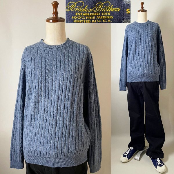 ★【国内正規品 名作 USA製】米国製 BROOKS BROTHERS ブルックスブラザーズ ファイン メリノ ウール クルーネック ケーブル編み ニット S拍卖