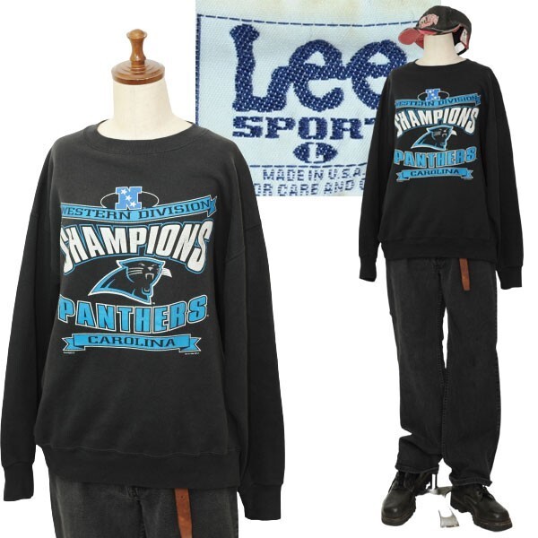 【希少 90s位 USA製 デザイン◎ 人気のブラック】ビンテージ LEE SPORT リー NFL CAROLINA PANTHERS コットンポリ スウェット トレーナー L拍卖