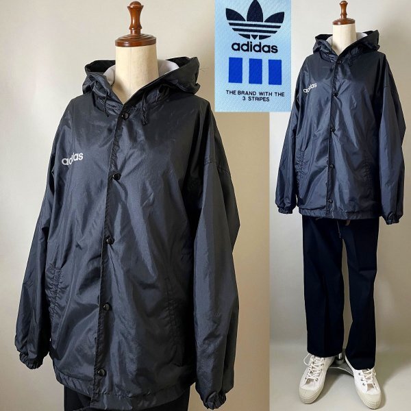 ★【名作 90年代 日本 デサント製】 ビンテージ ADIDAS アディダス ADS-8750 フード付き ナイロン コーチ ジャケット サイズ M-L ブラック拍卖