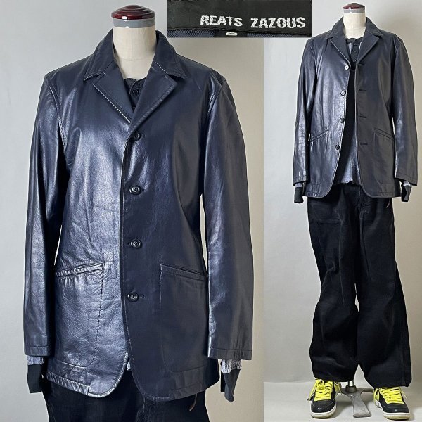 ★00s 名作アーカイブ 日本製 ビンテージ REATS ZAZOUS リーツ ザズー 牛革 レザー 4つボタン テーラード ジャケット ブルゾン S ネイビー拍卖