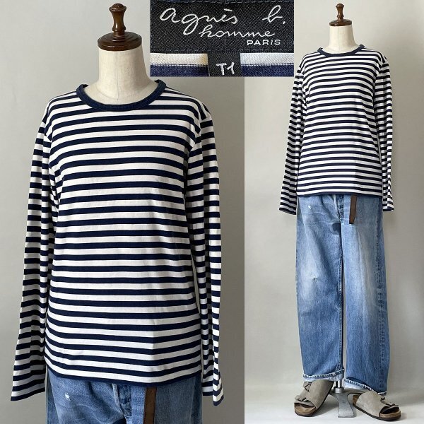 並品★【名作 定価15,400円程 日本製】 agnes b.homme 4366J008 H16 (J008) アニエスベー オム 細ボーダー ロンT Tシャツ T1 長袖 ネイビー拍卖