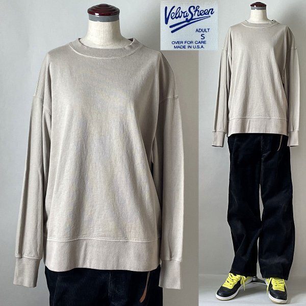 ★美品【希少 00s USA製 デザイン◎ Y2K】近年ビンテージ VELVA SHEEN ベルバシーン コットン100% クルーネック 長袖 Tシャツ S ベージュ拍卖