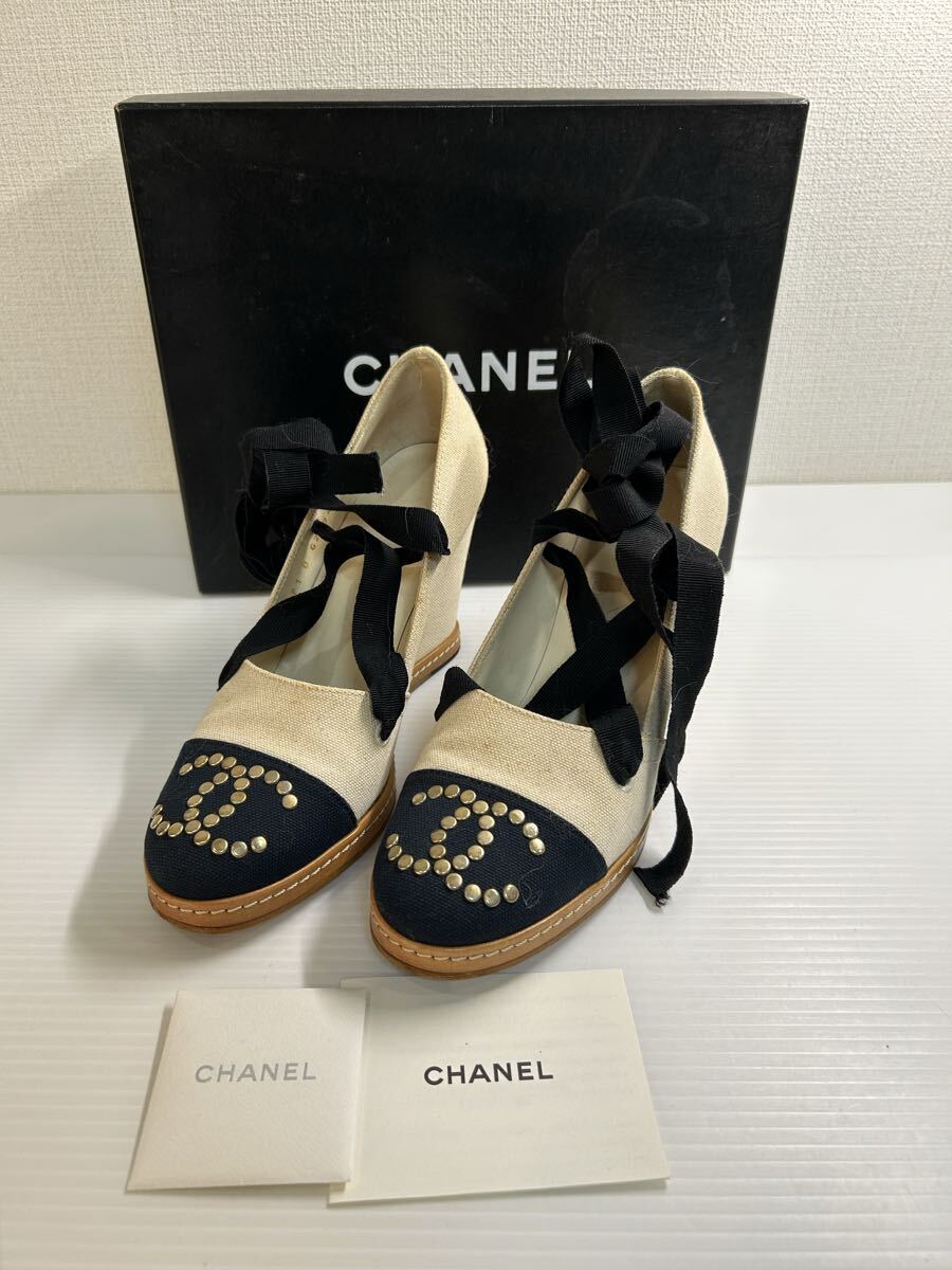 CHANEL シャネル ココマーク キャンバス ヒール パンプス 36 1/2 約23.5cm レディース 箱付き拍卖