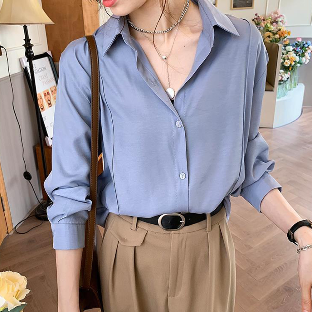 シャツブラウス 襟付き 長袖 レディース オフィスカジュアル ブルー拍卖