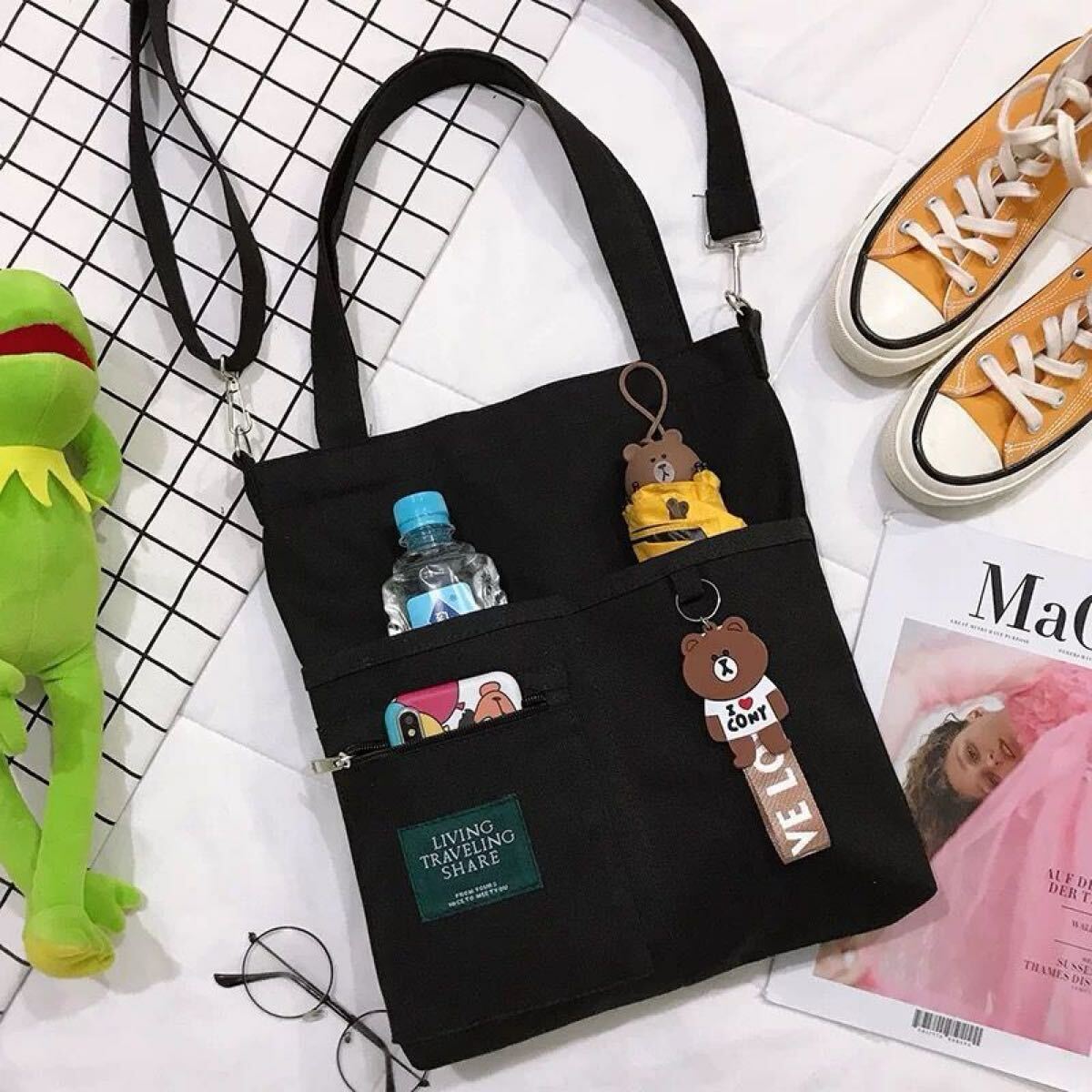 キャンバス トートバッグ 2way レディースショルダーバッグシンプル 通勤通学 ブラック拍卖