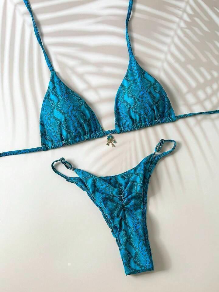 超ブラジリアンビキニ ヘビ柄 ブルー XS クリーニング済拍卖