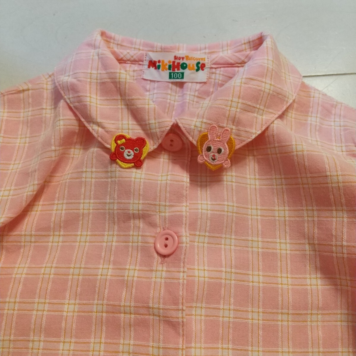100 ミキハウス 襟キャビットちゃん刺繍 長袖ブラウス ピンク拍卖