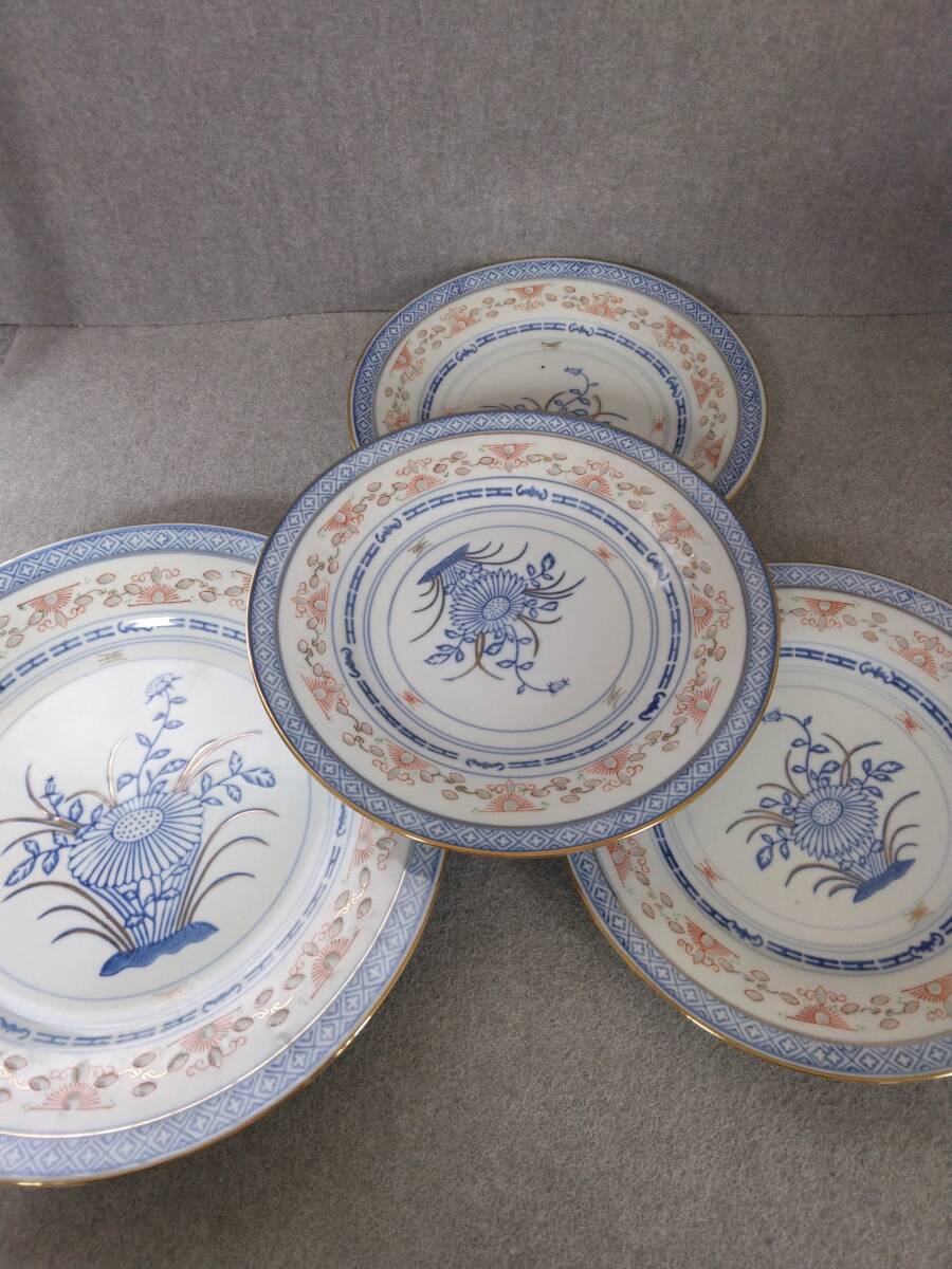 中国景徳鎮 玩玉 蛍焼き 染付花皿 中国美術工芸 アンティーク 大皿1枚中皿3枚拍卖